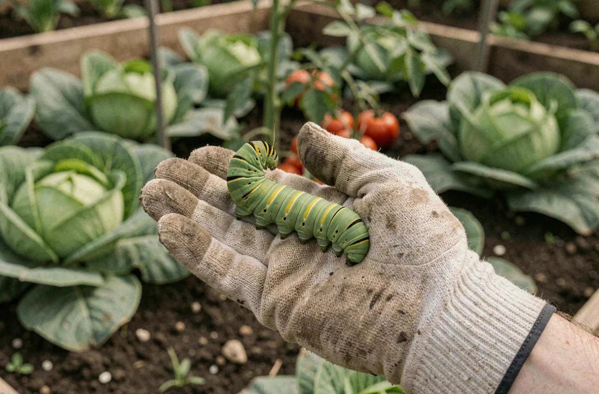 Main gantée de jardinier tenant une chenille verte à rayures jaunes au-dessus d'un potager, scène d'identification réaliste