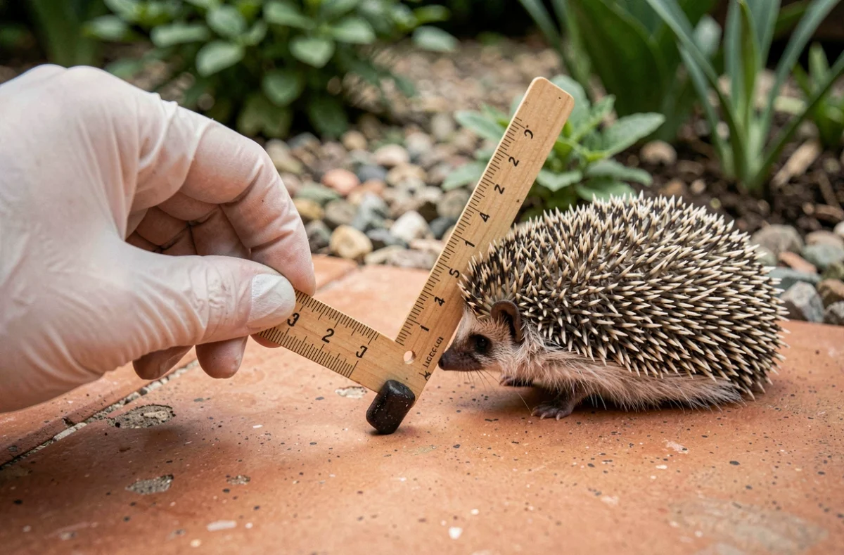 Main gantée tenant une règle à côté d'une crotte de hérisson sur une tuile de jardin pour en mesurer la taille