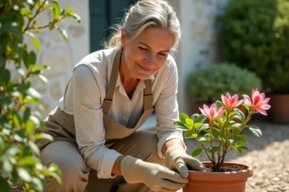 Jardinière inspectant les feuilles d'un laurier rose nouvellement planté pour prévenir l'apparition de pucerons