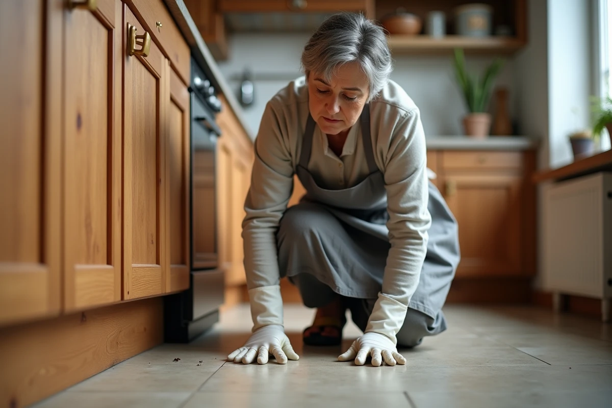 Femme inspectant des petites bêtes noires au pied d'un meuble de cuisine, méthode d'assainissement du logement