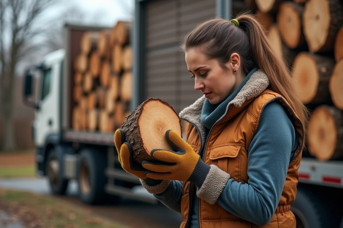 Femme inspectant la qualité d'une bûche de bois de chauffage lors d'une livraison de grumier à domicile