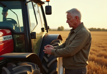 Homme inspectant un tracteur d'occasion dans un champ ensoleille