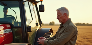 Homme inspectant un tracteur d'occasion dans un champ ensoleille