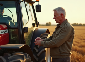Homme inspectant un tracteur d'occasion dans un champ ensoleille