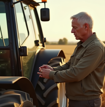 Homme inspectant un tracteur d'occasion dans un champ ensoleille