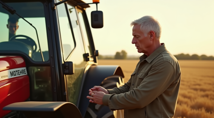 Homme inspectant un tracteur d'occasion dans un champ ensoleille