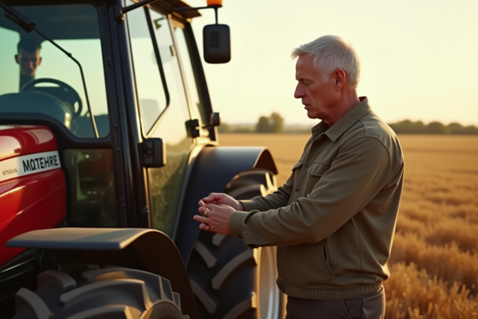 Homme inspectant un tracteur d'occasion dans un champ ensoleille