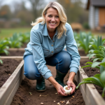 Meilleur moment pour planter l’ail avec la lune en 2025 : conseils jardinage Femme moyenne age plantant de l ail dans un jardin rustique