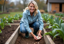 Meilleur moment pour planter l’ail avec la lune en 2025 : conseils jardinage Femme moyenne age plantant de l ail dans un jardin rustique