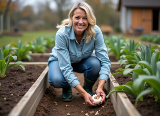 Meilleur moment pour planter l’ail avec la lune en 2025 : conseils jardinage Femme moyenne age plantant de l ail dans un jardin rustique