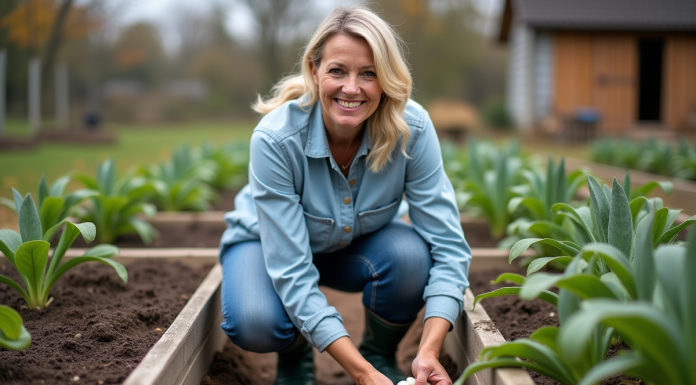 Meilleur moment pour planter l’ail avec la lune en 2025 : conseils jardinage Femme moyenne age plantant de l ail dans un jardin rustique