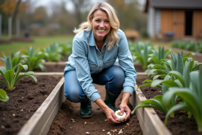 Femme moyenne age plantant de l ail dans un jardin rustique