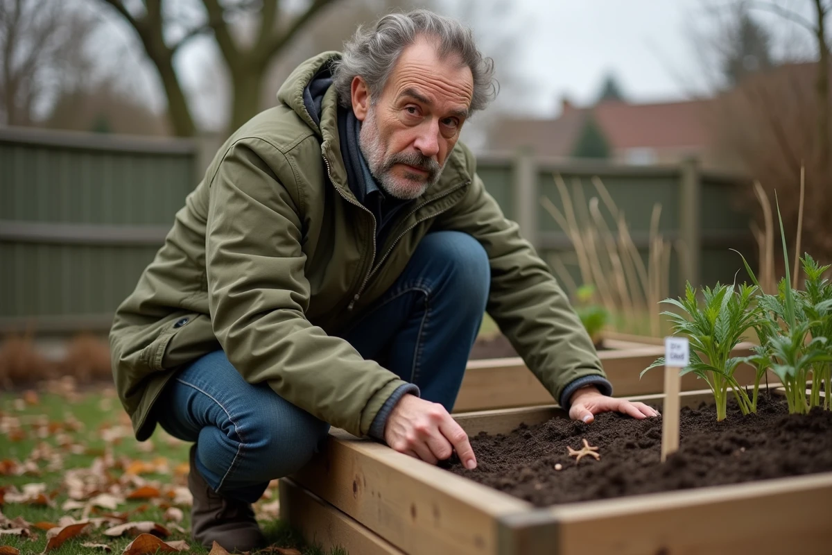 Jardinier vérifiant l'humidité du sol dans un carré potager avec un semis de persil étiqueté