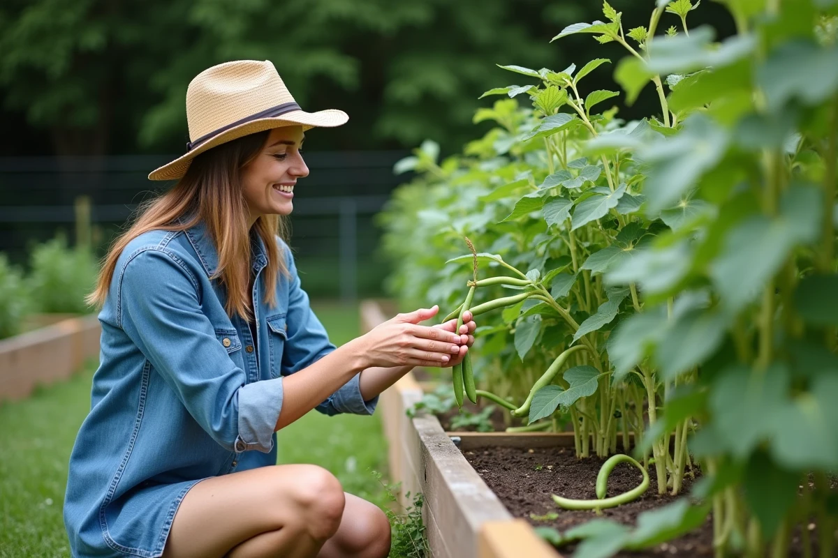 Femme dans un jardin inspectant des haricots verts