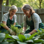 Femme en tablier vert jardinant avec hostas et fougères
