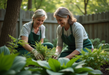 Femme en tablier vert jardinant avec hostas et fougères