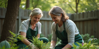 Femme en tablier vert jardinant avec hostas et fougères