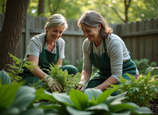 Plantez un jardin à l’ombre : conseils et astuces pour réussir Femme en tablier vert jardinant avec hostas et fougères