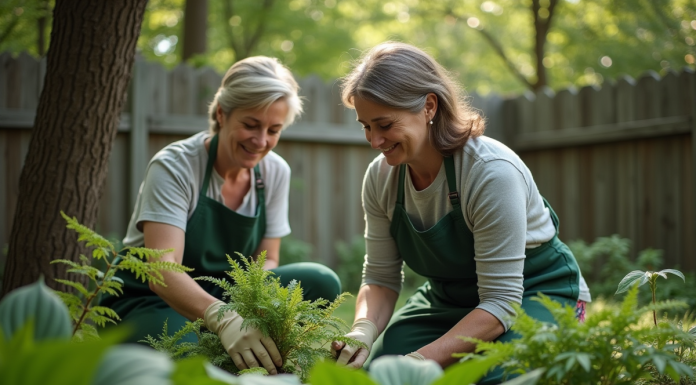 Femme en tablier vert jardinant avec hostas et fougères