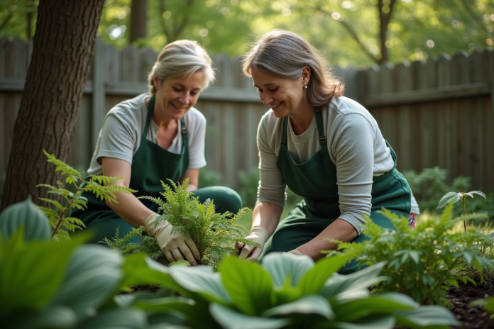 Femme en tablier vert jardinant avec hostas et fougères