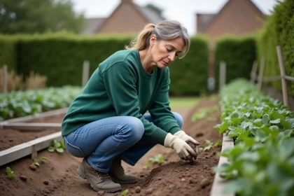 Femme en jardinage examine le sol dans son potager
