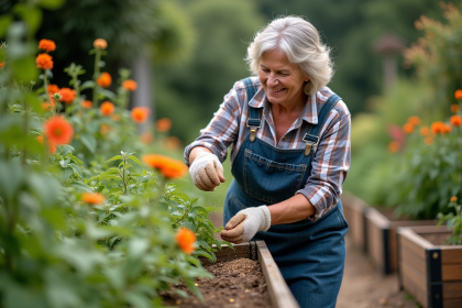 Femme jardinant avec fertilisant sur plants de tomates en extérieur