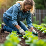 Femme inspectant un système d'irrigation goutte à goutte dans un jardin