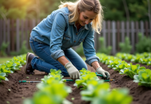 Arrosage goutte à goutte : Quel temps et fréquence pour vos plantes ? Femme inspectant un système d'irrigation goutte à goutte dans un jardin