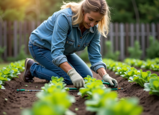 Femme inspectant un système d'irrigation goutte à goutte dans un jardin