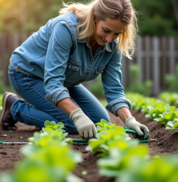 Arrosage goutte à goutte : Quel temps et fréquence pour vos plantes ? Femme inspectant un système d'irrigation goutte à goutte dans un jardin