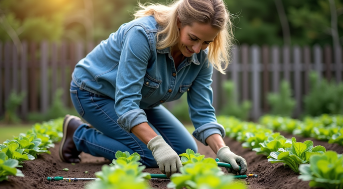 Femme inspectant un système d'irrigation goutte à goutte dans un jardin
