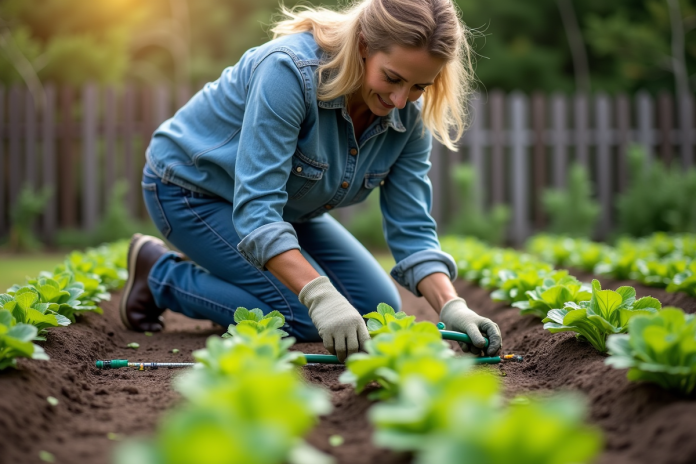jardinage-irrigation-potager Femme inspectant un système d'irrigation goutte à goutte dans un jardin
