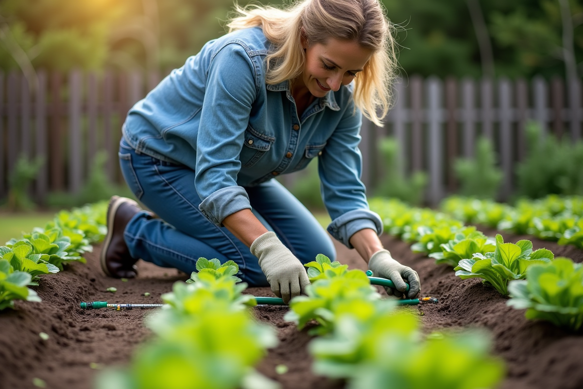 Femme inspectant un système d'irrigation goutte à goutte dans un jardin