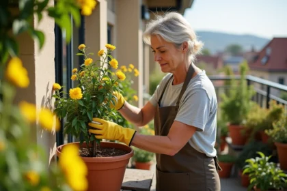 Femme en jardinage prune un mimosa sur balcon ensoleille