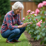 Techniques de jardinage : apprenez comment les maîtriser et obtenir un jardin florissant ! Femme en jeans et chemise à carreaux prune des roses dans un jardin