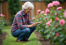Techniques de jardinage : apprenez comment les maîtriser et obtenir un jardin florissant ! Femme en jeans et chemise à carreaux prune des roses dans un jardin