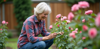 Femme en jeans et chemise à carreaux prune des roses dans un jardin