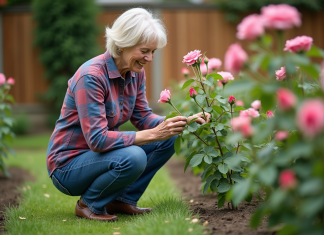 Techniques de jardinage : apprenez comment les maîtriser et obtenir un jardin florissant ! Femme en jeans et chemise à carreaux prune des roses dans un jardin