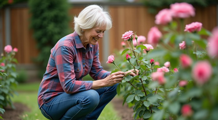 Techniques de jardinage : apprenez comment les maîtriser et obtenir un jardin florissant ! Femme en jeans et chemise à carreaux prune des roses dans un jardin