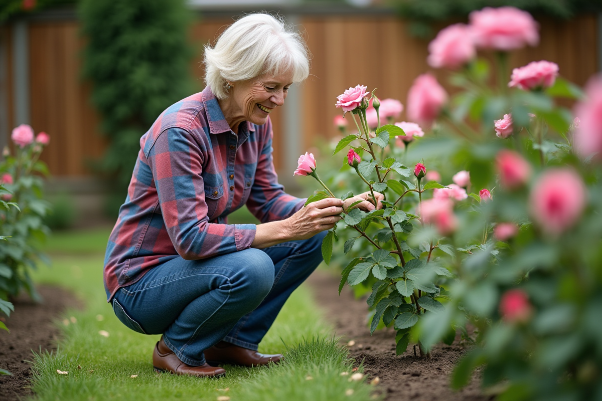 Femme en jeans et chemise à carreaux prune des roses dans un jardin