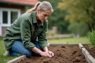 Femme plantant des graines d ail dans un jardin