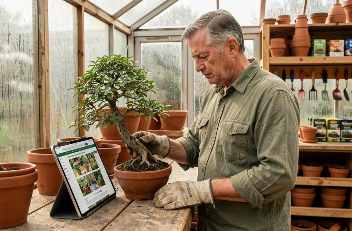 Homme âgé examinant un bonsaï dans une serre en consultant des conseils de jardinage zen sur tablette