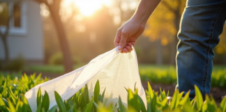 Jardinier retirant délicatement un voile de protection en printemps