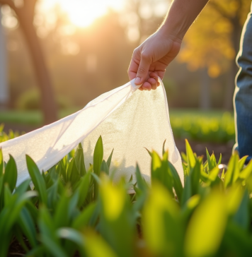 Jardinier retirant délicatement un voile de protection en printemps