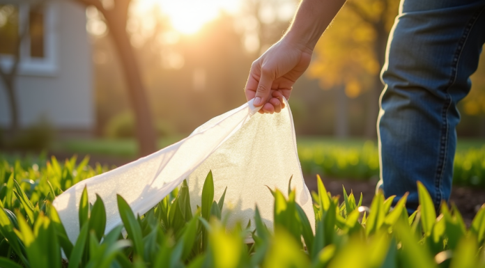 Jardinier retirant délicatement un voile de protection en printemps