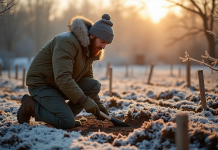 Jardinier en hiver prépare le sol dans un jardin givré