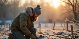 Jardinier en hiver prépare le sol dans un jardin givré