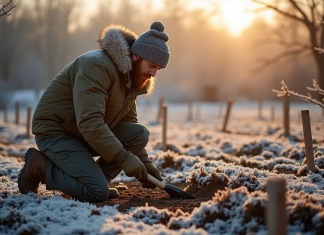Jardinier en hiver prépare le sol dans un jardin givré