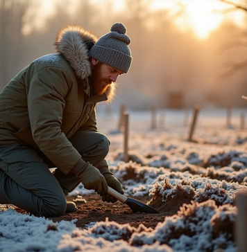 Jardinier en hiver prépare le sol dans un jardin givré