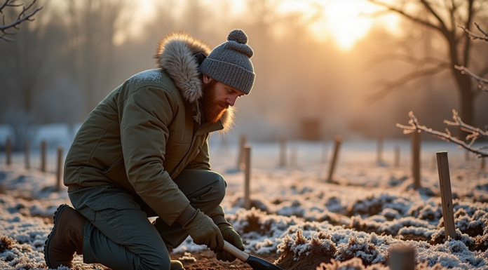 Jardinier en hiver prépare le sol dans un jardin givré